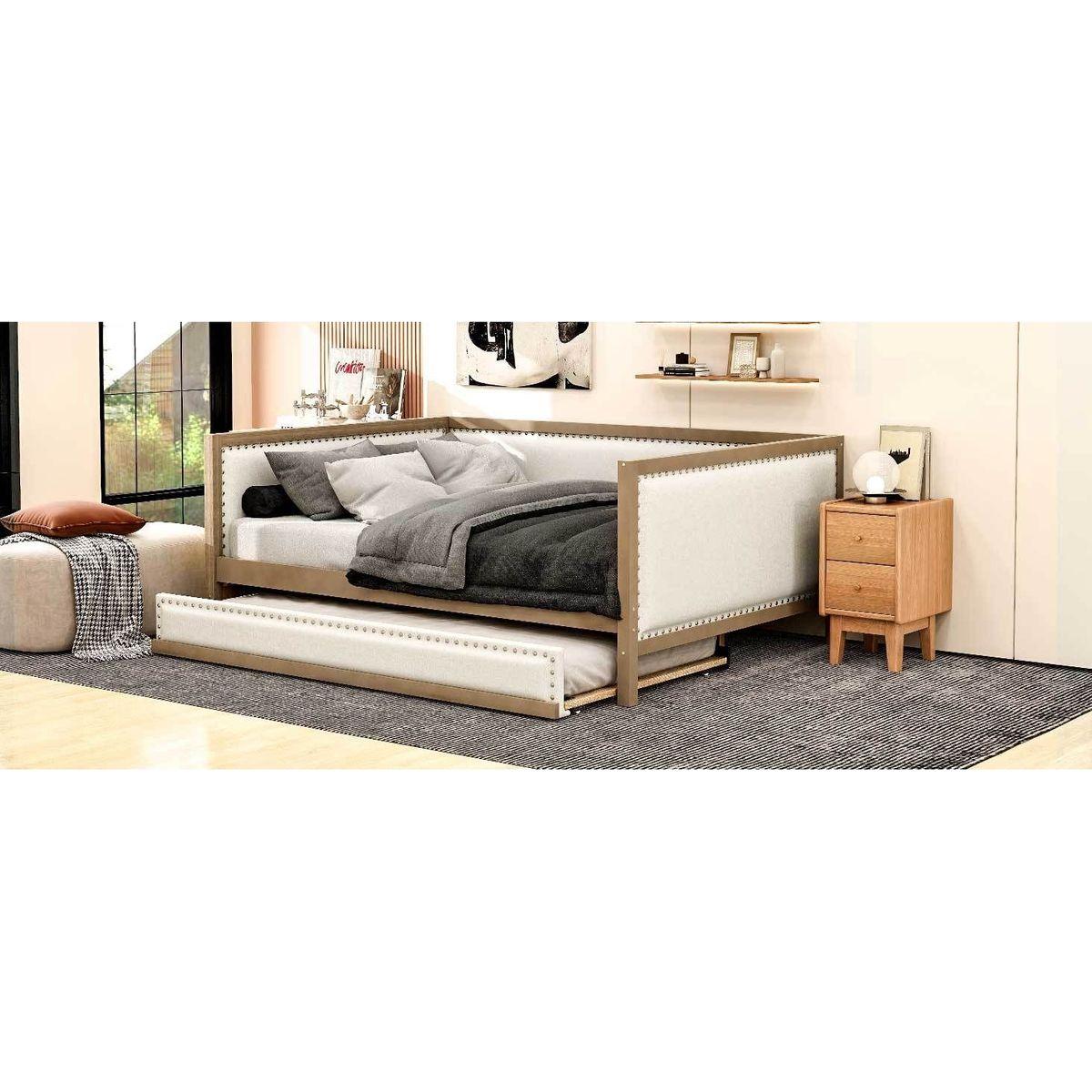 Full Size Upholstered Daybed with Trundle and Nailhead Decoration, Wood Color