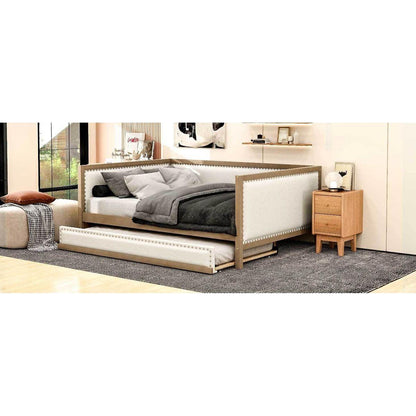 Full Size Upholstered Daybed with Trundle and Nailhead Decoration, Wood Color