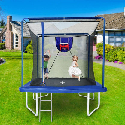 New YC 8ft by 12ft rectangular trampoline with basketball board,ball inflater and ladder-Blue ASTM standard tested and CPC certified