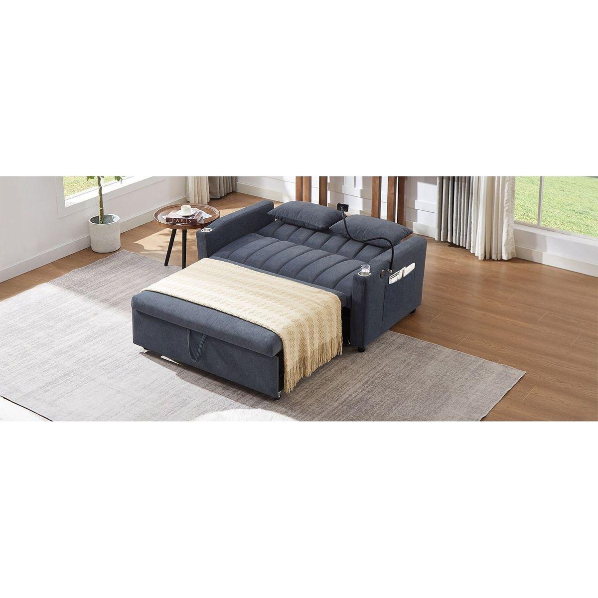 55.9" Convertible Sofa Bed Loveseat Sofa with Three USB Ports, Two Side Pockets, Two Cup Holders and 360Swivel Phone Holder for Living Room, Blue Grey