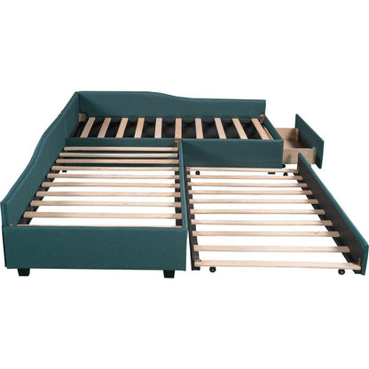 Upholstered Double Twin Size Daybed with Trundle and Drawer, Green