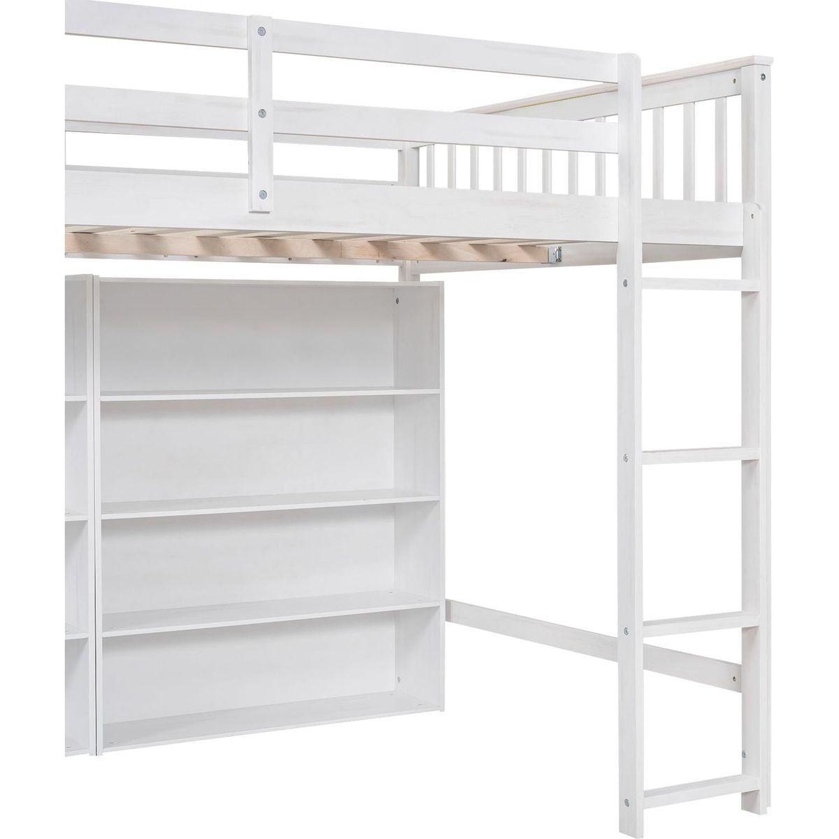 Full Size Loft Bed with 8 Open Storage Shelves and Built-in Ladder, White