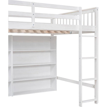 Full Size Loft Bed with 8 Open Storage Shelves and Built-in Ladder, White