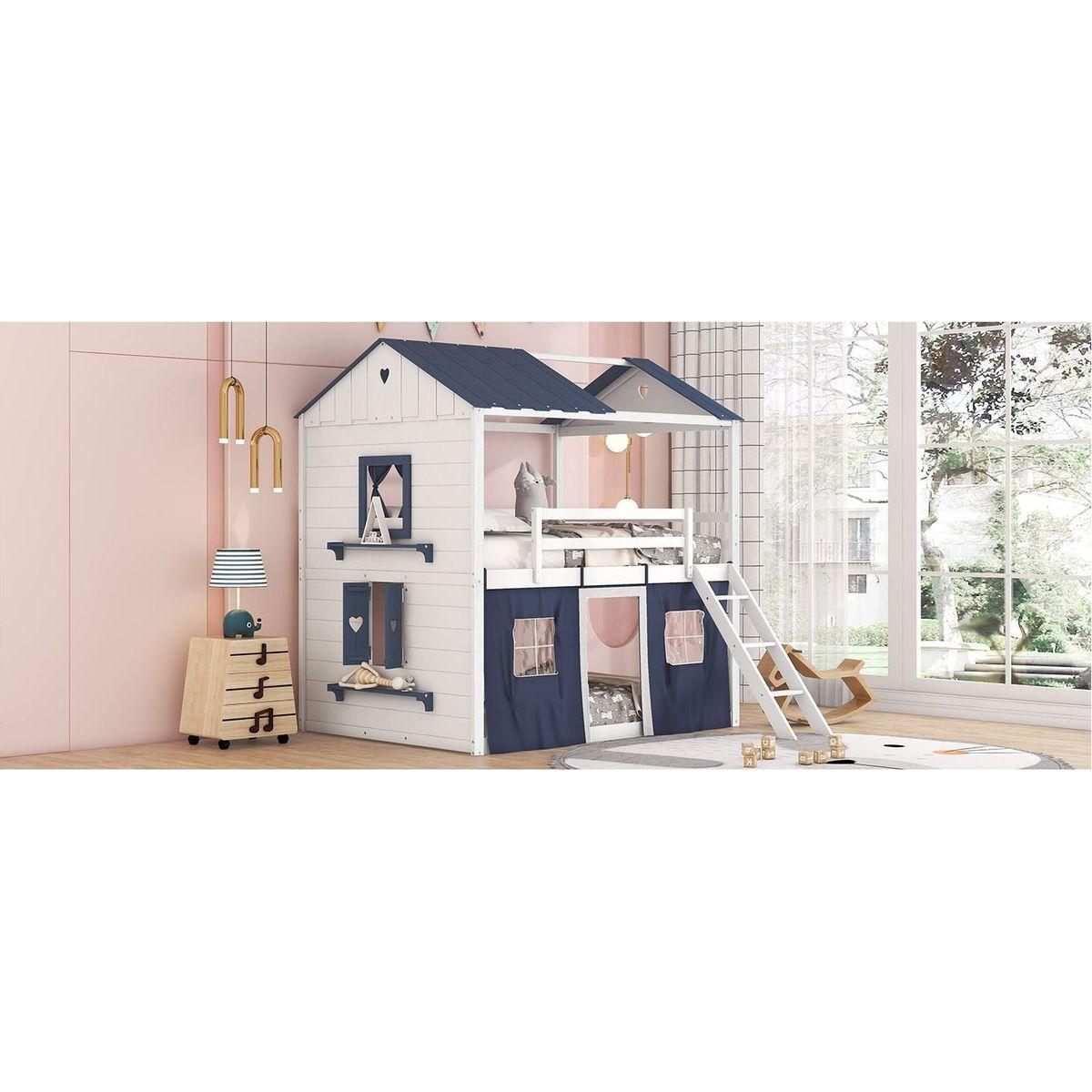 Full Size Bunk Wood House Bed with Elegant Windows, Sills and Tent, Blue+White