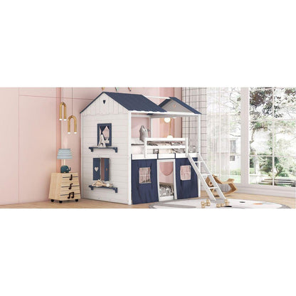 Full Size Bunk Wood House Bed with Elegant Windows, Sills and Tent, Blue+White