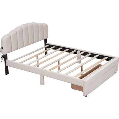 Teddy Fleece Queen Size Upholstered Platform Bed with Drawer, Beige