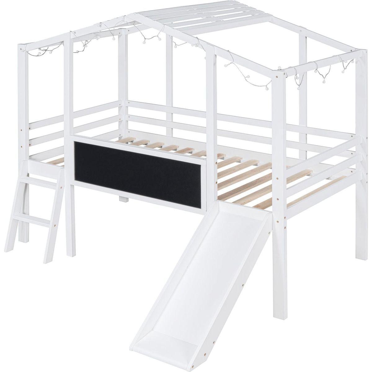 Twin Size Loft Bed with Ladder and Slide, House Bed with Blackboard and Light Strip on the Roof, White