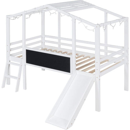 Twin Size Loft Bed with Ladder and Slide, House Bed with Blackboard and Light Strip on the Roof, White