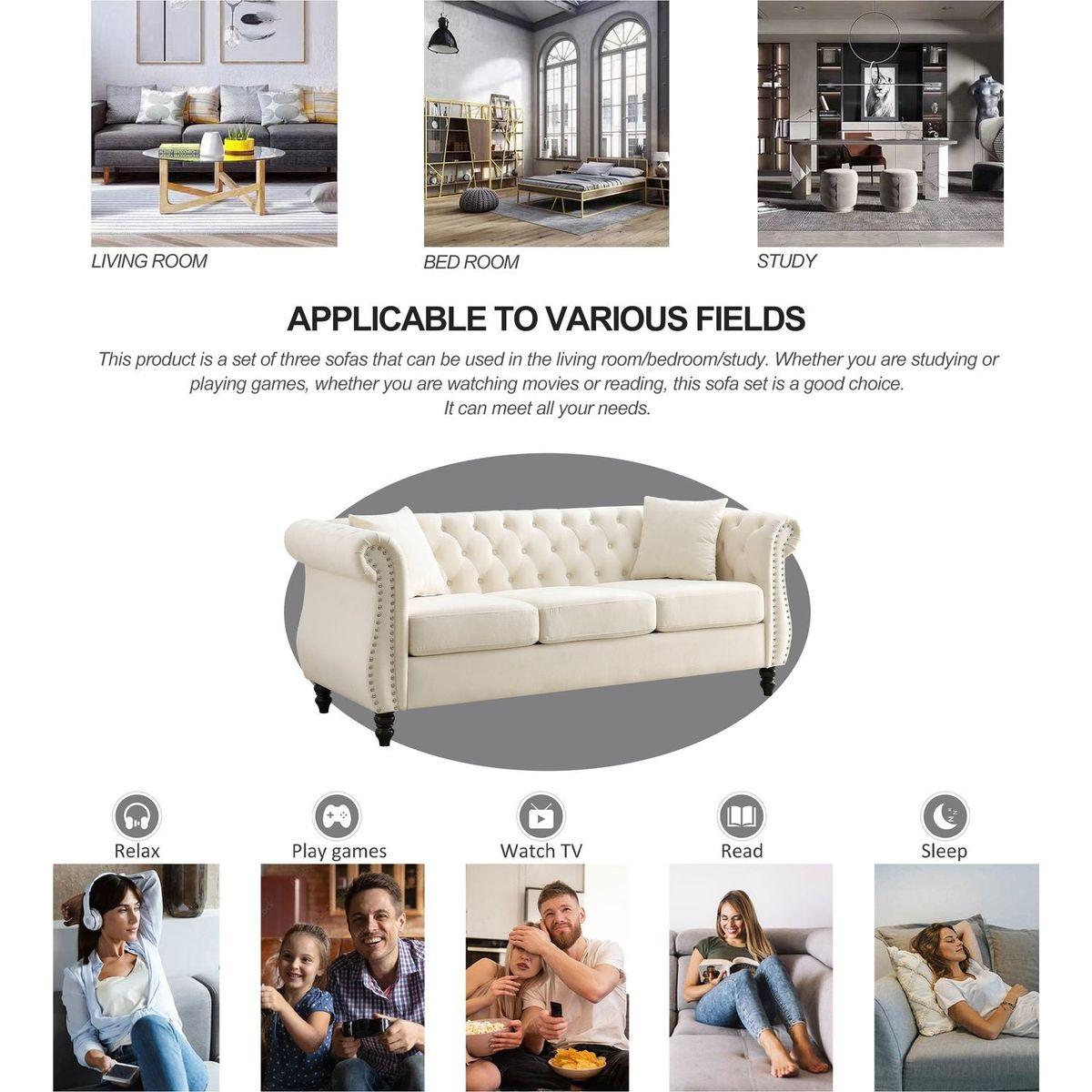 80" Chesterfield Sofa Beige Velvet for Living Room, 3 Seater Sofa Tufted Couch with Rolled Arms and Nailhead for Living Room, Bedroom, Office, Apartment, two pillows