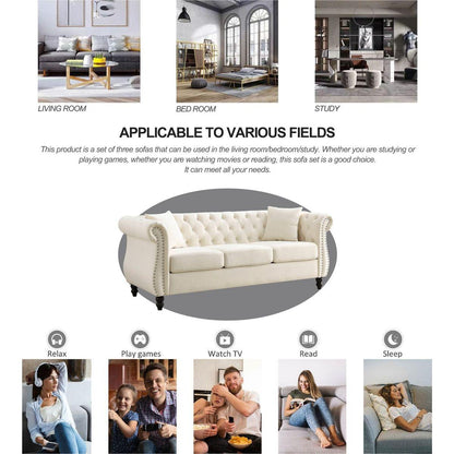 80" Chesterfield Sofa Beige Velvet for Living Room, 3 Seater Sofa Tufted Couch with Rolled Arms and Nailhead for Living Room, Bedroom, Office, Apartment, two pillows