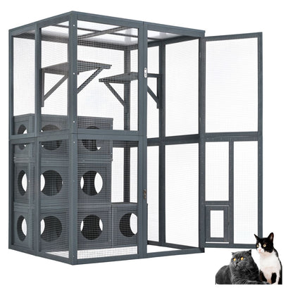 Grey Pine Wood Outdoor Cat House with Shelves and Weather Protection, Removable Wood Boxes