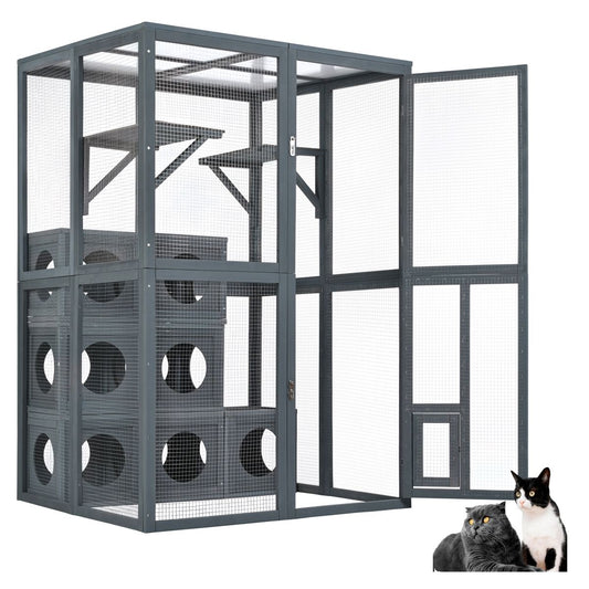 Grey Pine Wood Outdoor Cat House with Shelves and Weather Protection, Removable Wood Boxes