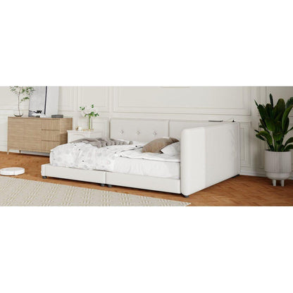 Upholstered Queen Size platform bed with USB Ports, Beige