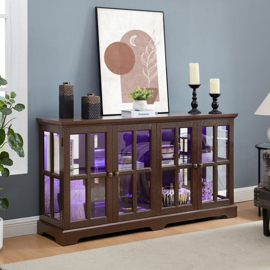 LED Curio Display Cabinet Antique Display Cabinet with Glass Doors Adjustable Shelves for Collectibles Four Door Design Vintage Showcase for Home or Office Antique Display Case CHERRY