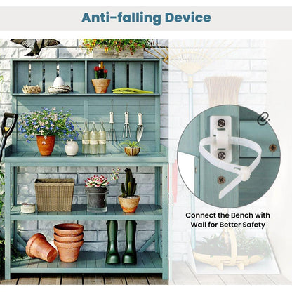 65" Large Wooden Farmhouse Rustic Outdoor Potting Bench Table, Patio Workstation, Garden Potting Bench with 4 Storage Shelves and Side Hook,Green