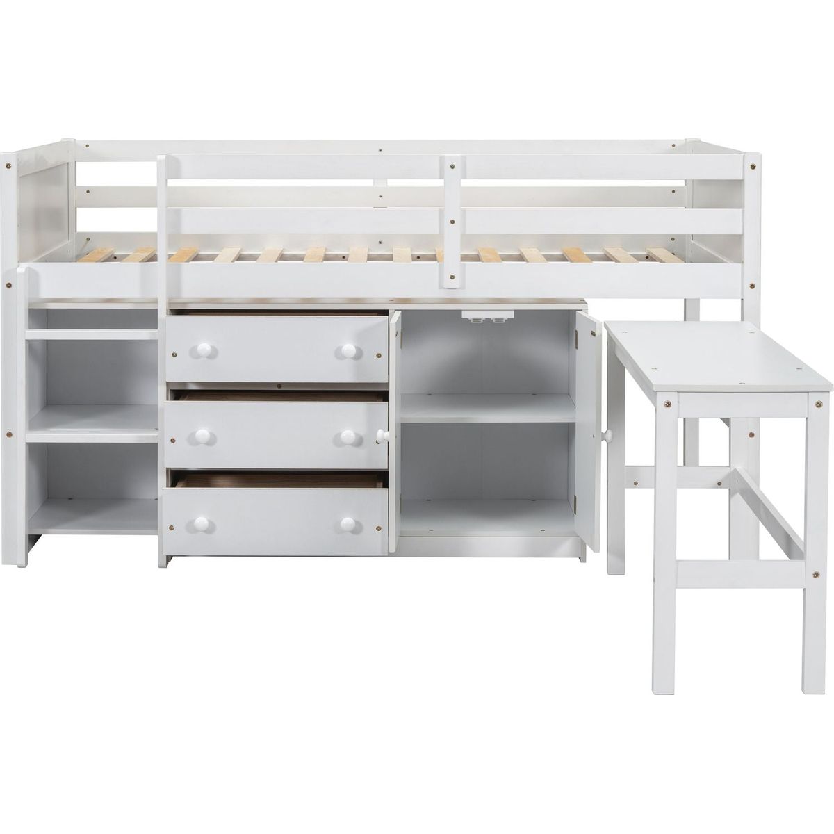 Twin Size Low Loft Bed With Pull-Out Desk, Drawers, Cabinet, and Shelves for White Color