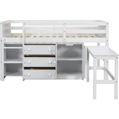 Twin Size Low Loft Bed With Pull-Out Desk, Drawers, Cabinet, and Shelves for White Color