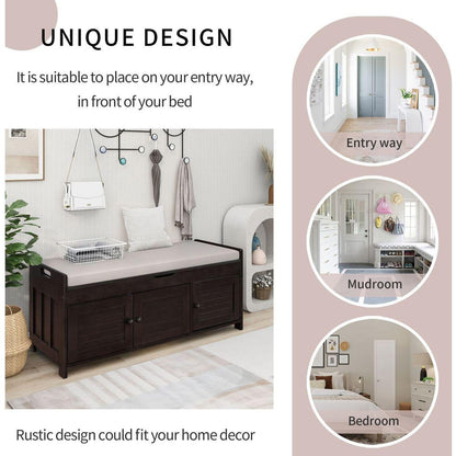 Storage Bench with 3 Shutter-shaped Doors, Shoe Bench with Removable Cushion and Hidden Storage Space (Espresso