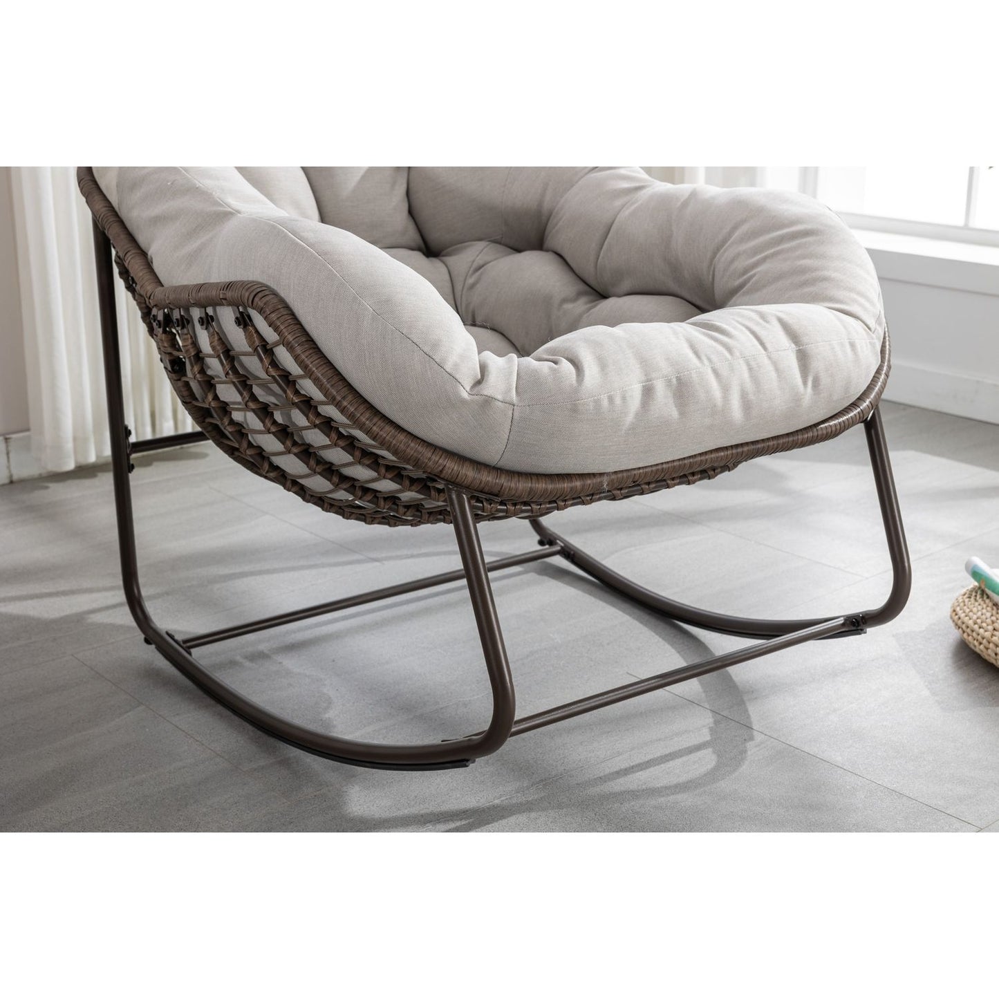 Outdoor Rattan Rocking Chair,Padded Cushion Rocker Recliner Chair Outdoor for Front Porch, Living Room, Patio, Garden, Beige