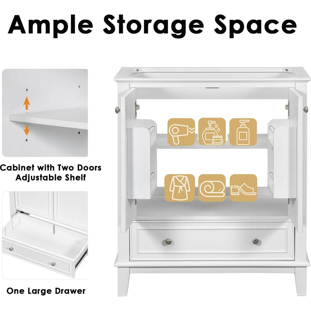 30" Bathroom Vanity with Sink Combo, Multi-functional Bathroom Cabinet with Doors and Drawer, Solid Frame and MDF Board, White