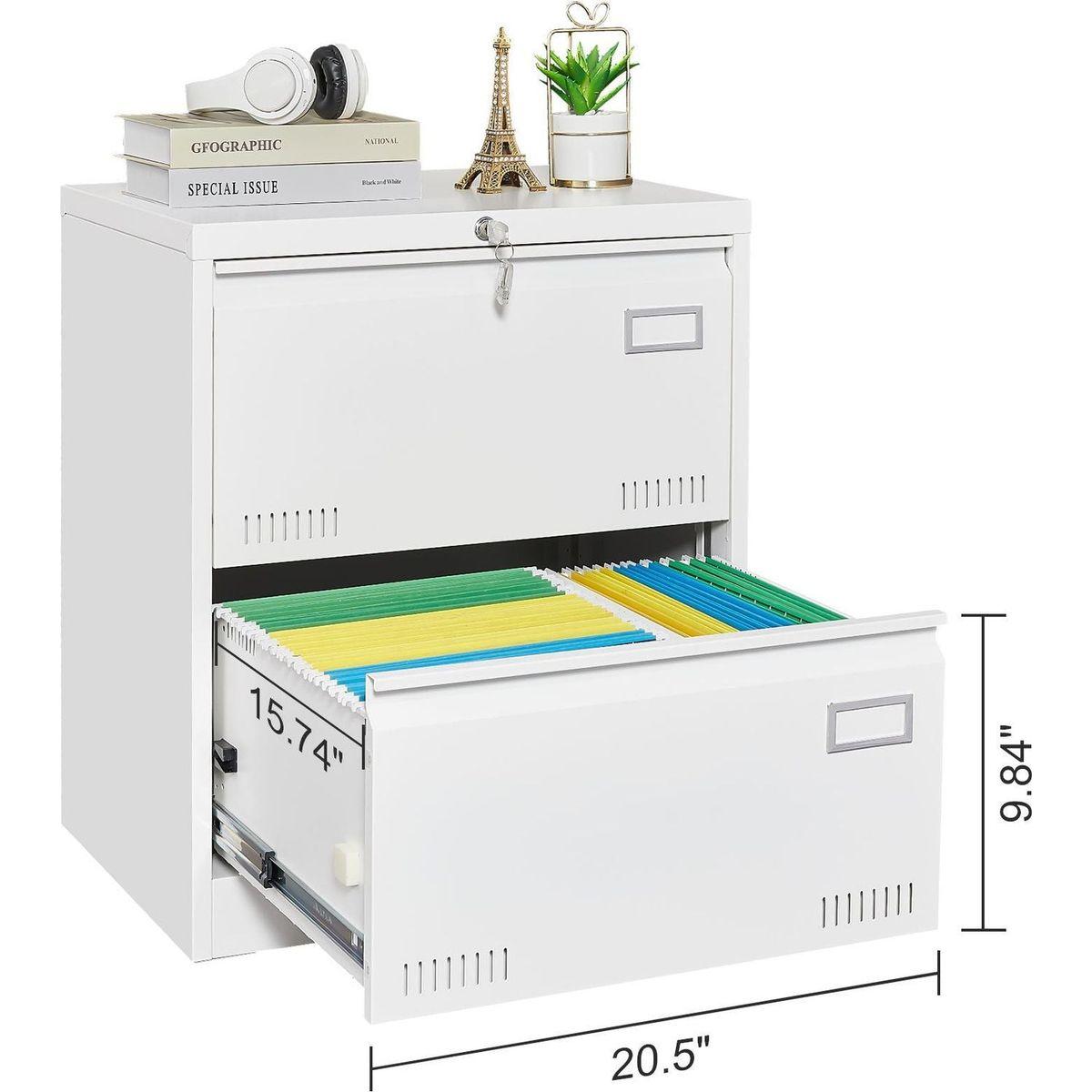 Filing Cabinet Lateral File Cabinet 2 Drawer, White Filing Cabinets with Lock, Locking Metal File Cabinets Three Drawer Office Cabinet for Legal/Letter/A4/F4 Home Offic