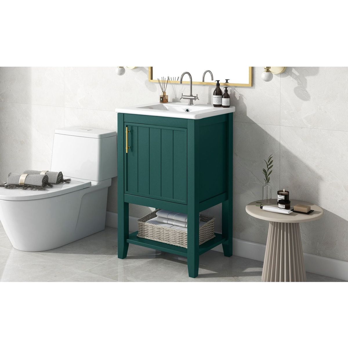 20" Bathroom Vanity with Sink, Bathroom Cabinet with Soft Closing Door, Storage Rack and Open Shelf, Green