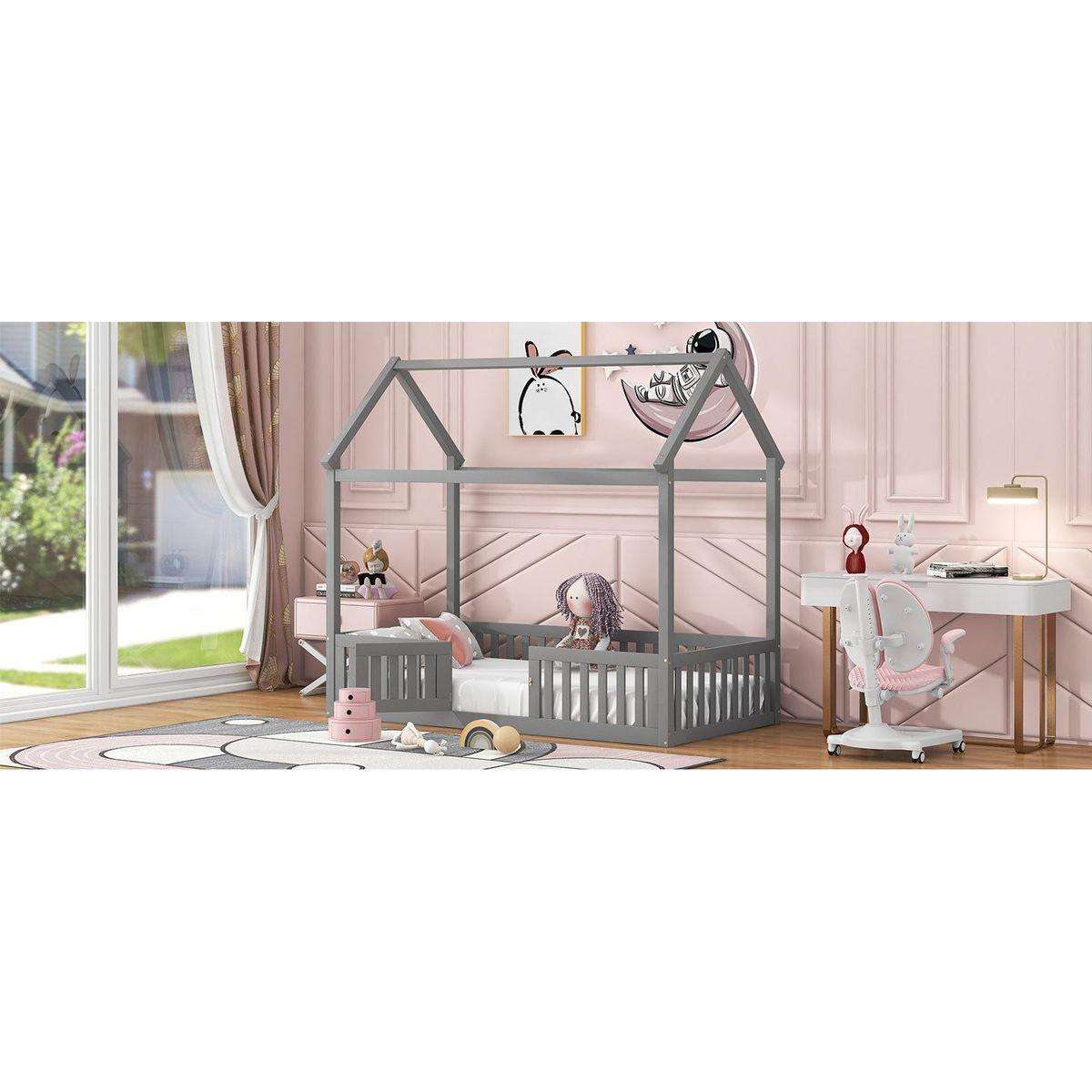 Twin Size Wood House Bed with Fence and Door, Gray