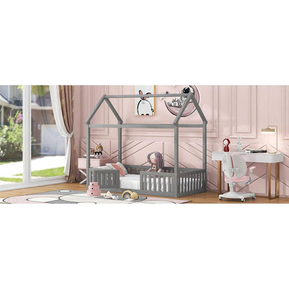 Twin Size Wood House Bed with Fence and Door, Gray