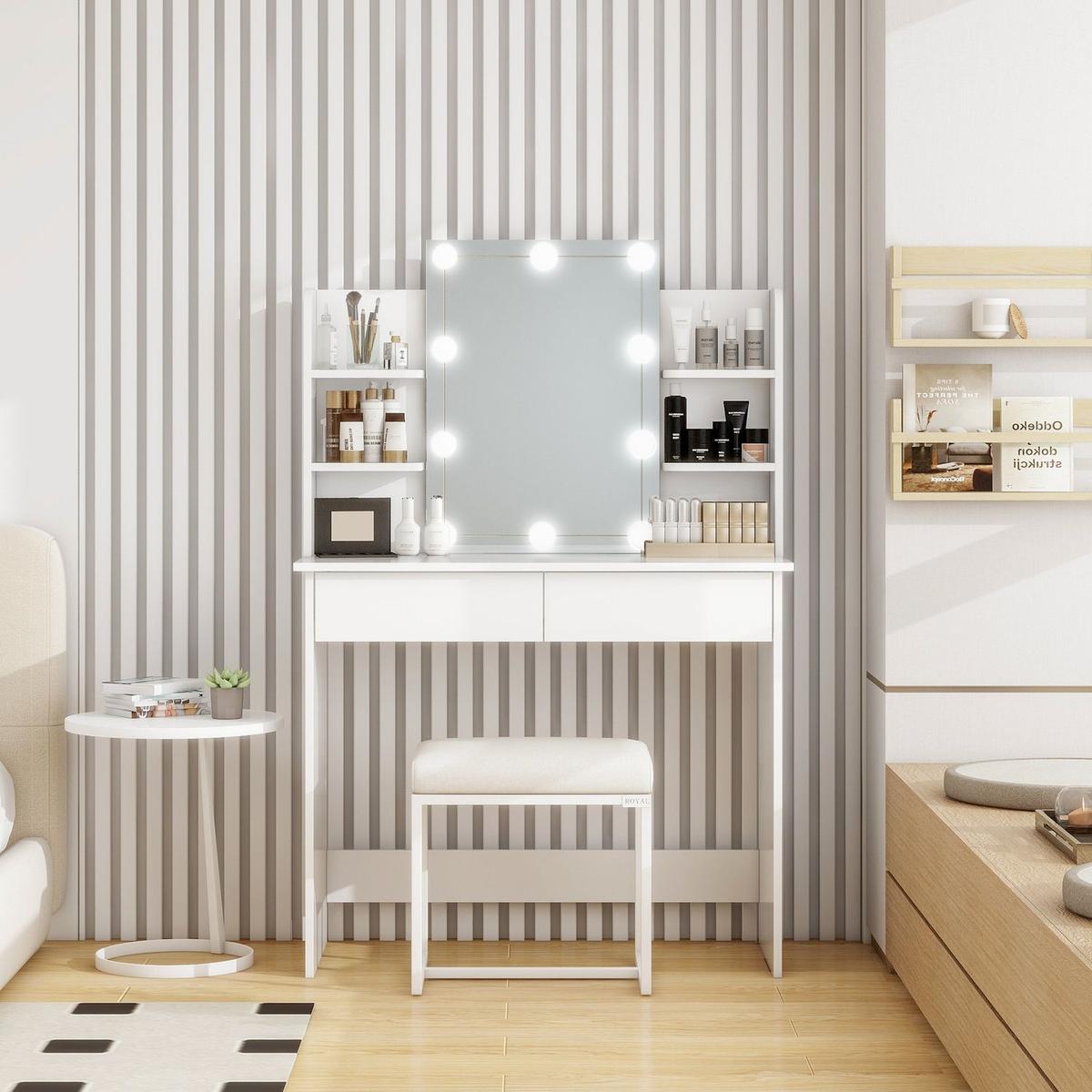 Makeup Vanity Desk With LED Lighted Mirror, Dressing Table Set With 2 Large Drawers 10 LED Light, White Color