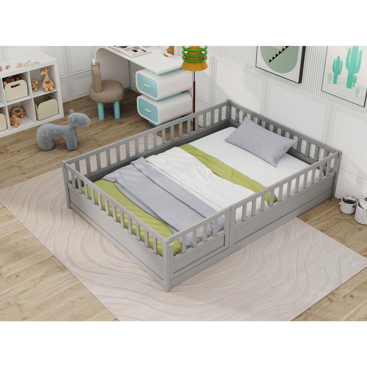 Full size Floor bed, integral construction with super high security barrier, door, children's floor bed frame, Montessori wooden children's floor bed, Grey