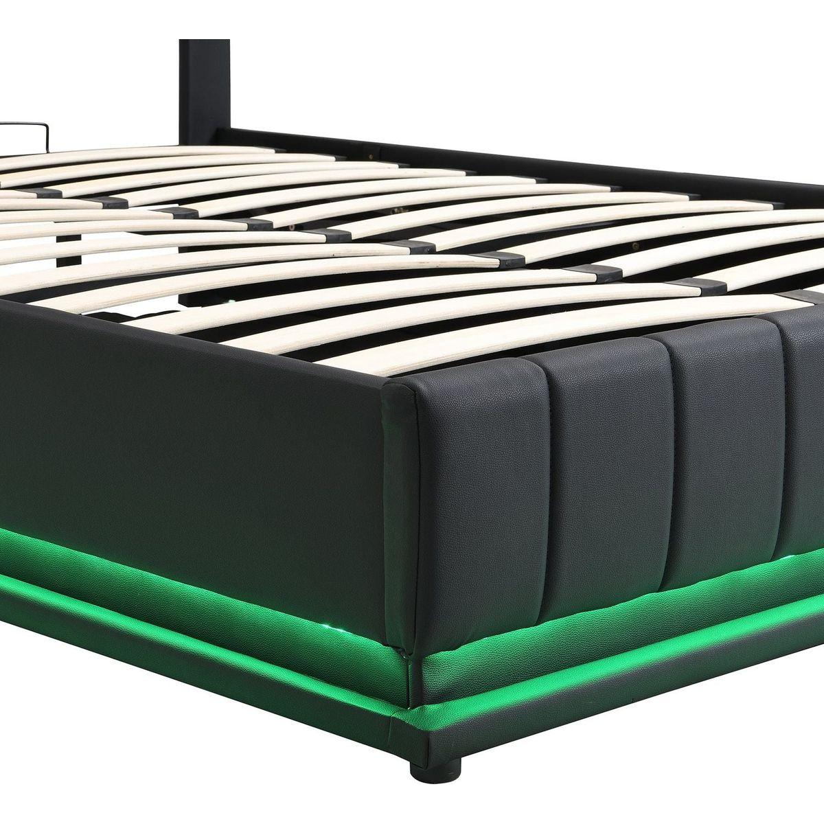 Full Size Upholstered Bed with Hydraulic Storage System and LED Light, Modern Platform Bed with Sockets and USB Ports, Black