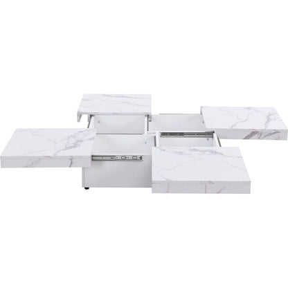 Square Marble Veneer Coffee Table Sliding Top with Storage in White 39.4"