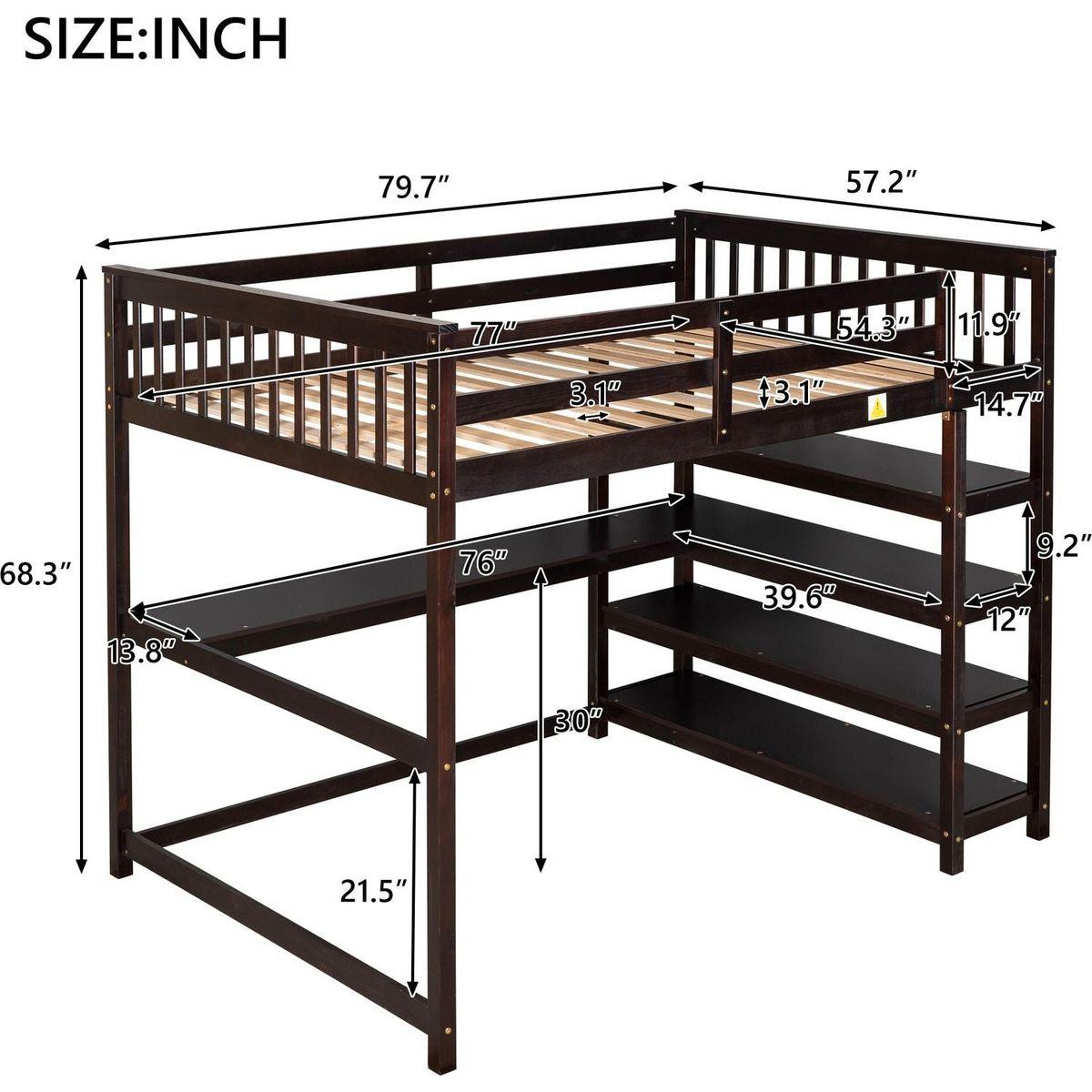 Full Size Loft Bed with Storage Shelves and Under-bed Desk, Espresso