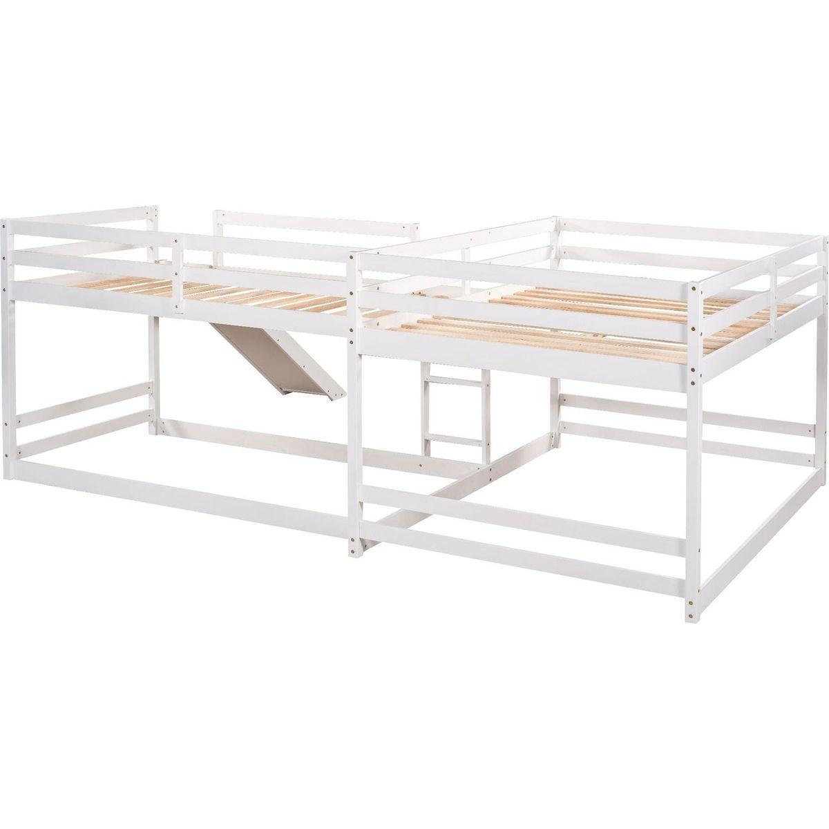 Full and Twin Size L-Shaped Bunk Bed with Slide and Short Ladder,White