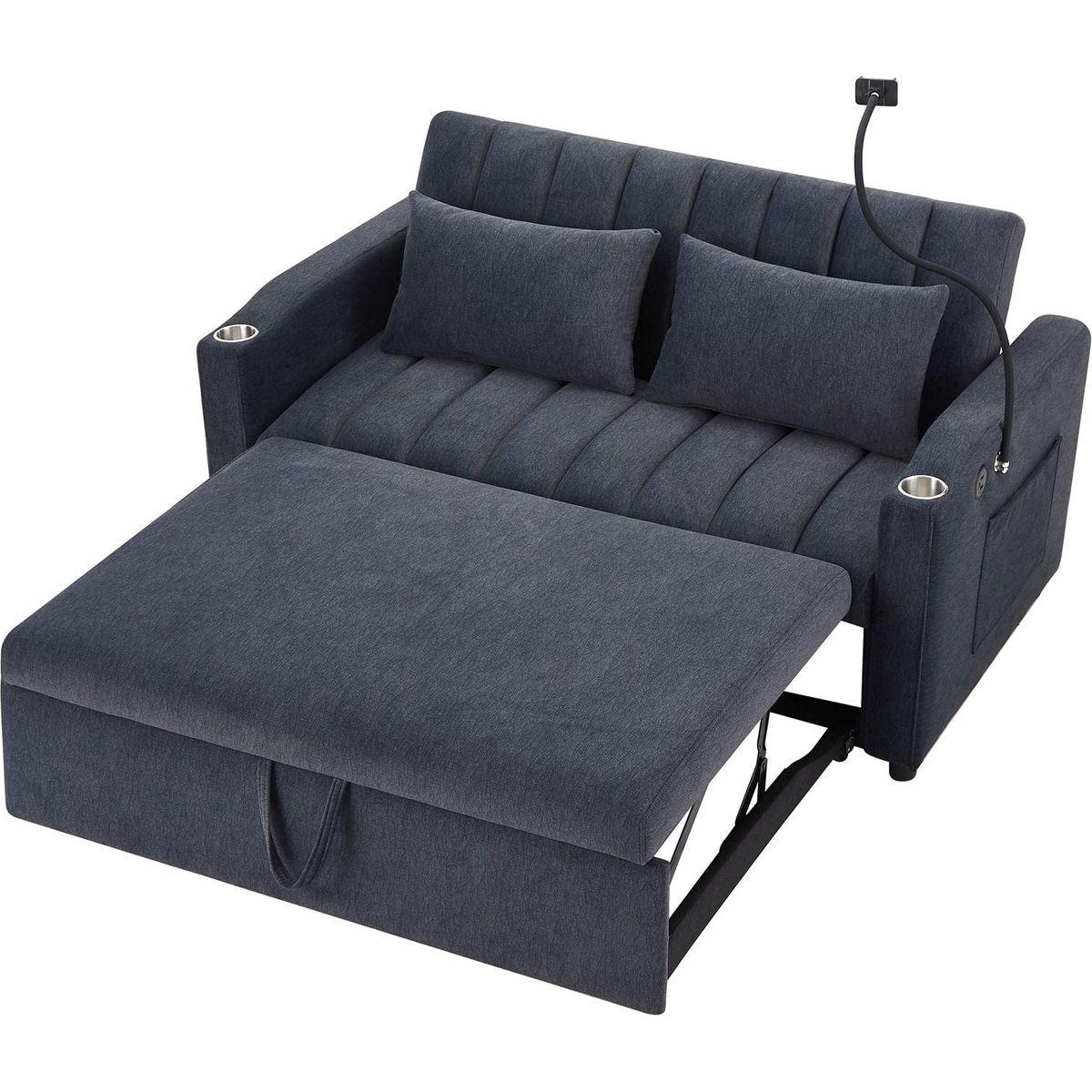 55.9" Convertible Sofa Bed Loveseat Sofa with Three USB Ports, Two Side Pockets, Two Cup Holders and 360Swivel Phone Holder for Living Room, Blue Grey