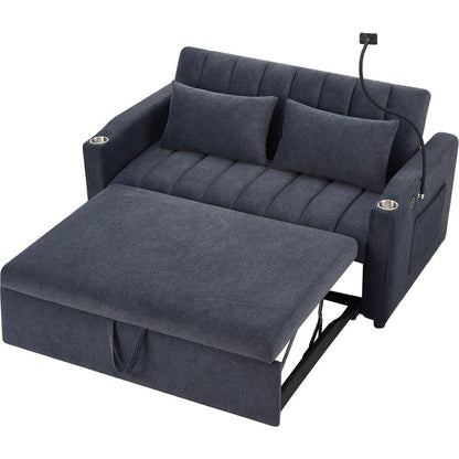 55.9" Convertible Sofa Bed Loveseat Sofa with Three USB Ports, Two Side Pockets, Two Cup Holders and 360Swivel Phone Holder for Living Room, Blue Grey