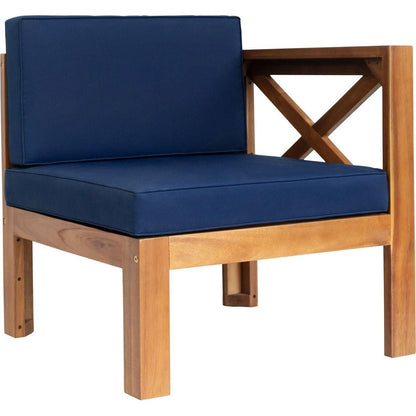 Outdoor Backyard Patio Wood 5-Piece Sectional Sofa Seating Group Set with Cushions, Natural Finish+ Blue Cushions