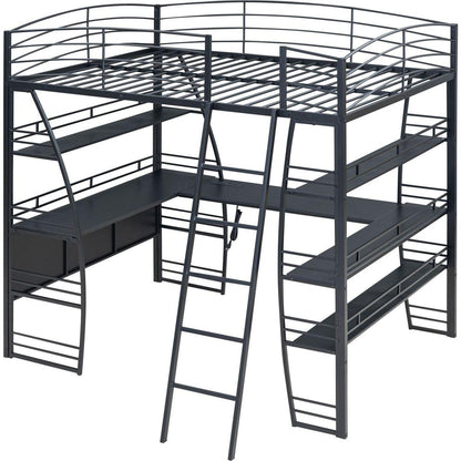 Full Size Loft Bed with 4 Layers of Shelves and L-shaped Desk, Stylish Metal Frame Bed with a set of Sockets, USB Ports and Wireless Charging, Black
