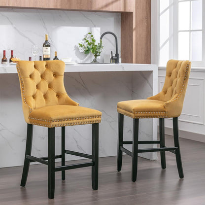 Contemporary Velvet Upholstered Barstools with Button Tufted Decoration and Wooden Legs, and Chrome Nailhead Trim, Leisure Style Bar Chairs,Bar stools, Set of 2 (Golden)