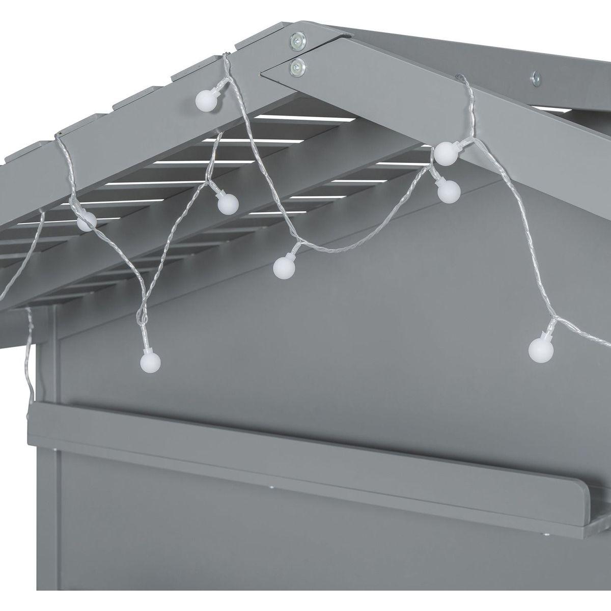 Twin Size House Bed with Shelves, House Bed with Window and Sparkling Light Strip on the Roof, Gray