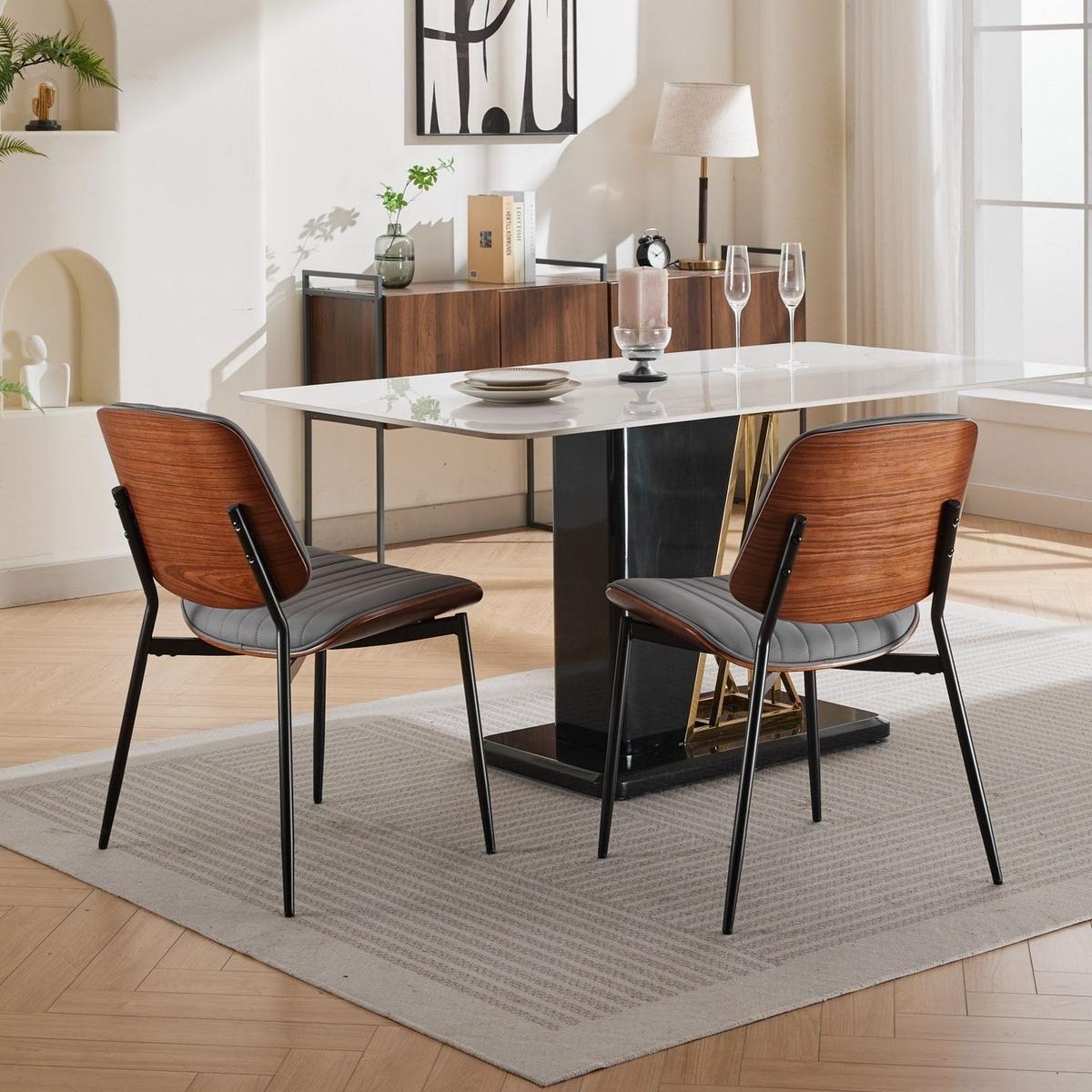 Dining Chairs Set of 2 Mid Century Modern Retro Faux Leather Chair with Walnut Bentwood Back Upholstered Seat Metal Legs Adjustable Foot for Kitchen Dining Room Chairs(Gray PU)