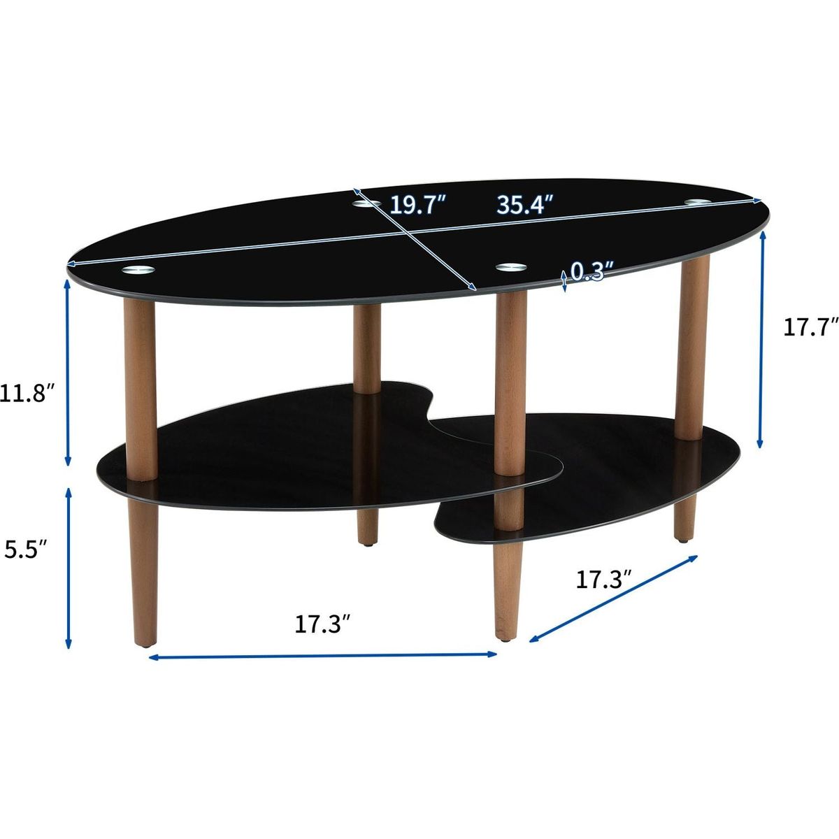 Black Oval glass coffee table, modern table in living room Oak wood leg tea table 3-layer tempered glass table