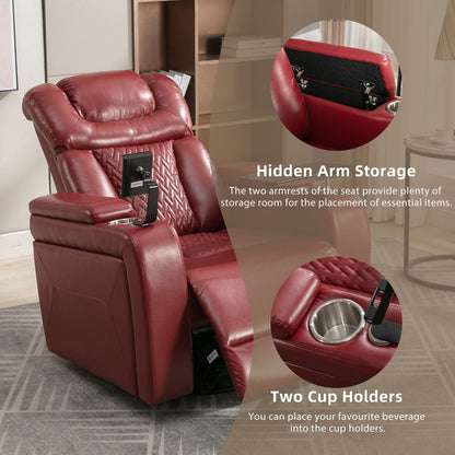 270 Degree Swivel PU Leather Power Recliner Individual Seat Home Theater Recliner with Comforable Backrest, Tray Table, Phone Holder, Cup Holder, USB Port, Hidden Arm Storage for Living Room, Red