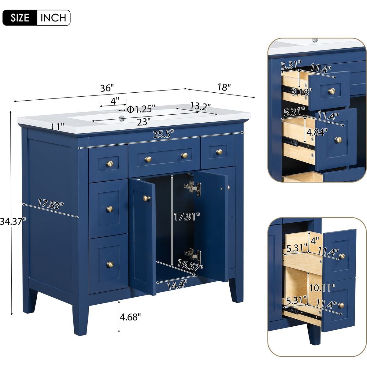 36" Bathroon Vanity with Resin Sink Combo Set, Modern Freestanding Single Bathroom Cabinet with 6 Drawers & 2 Cabinets, Storage Cabinet for Bathroom, Solid Wood Frame Vanity Set, Blue