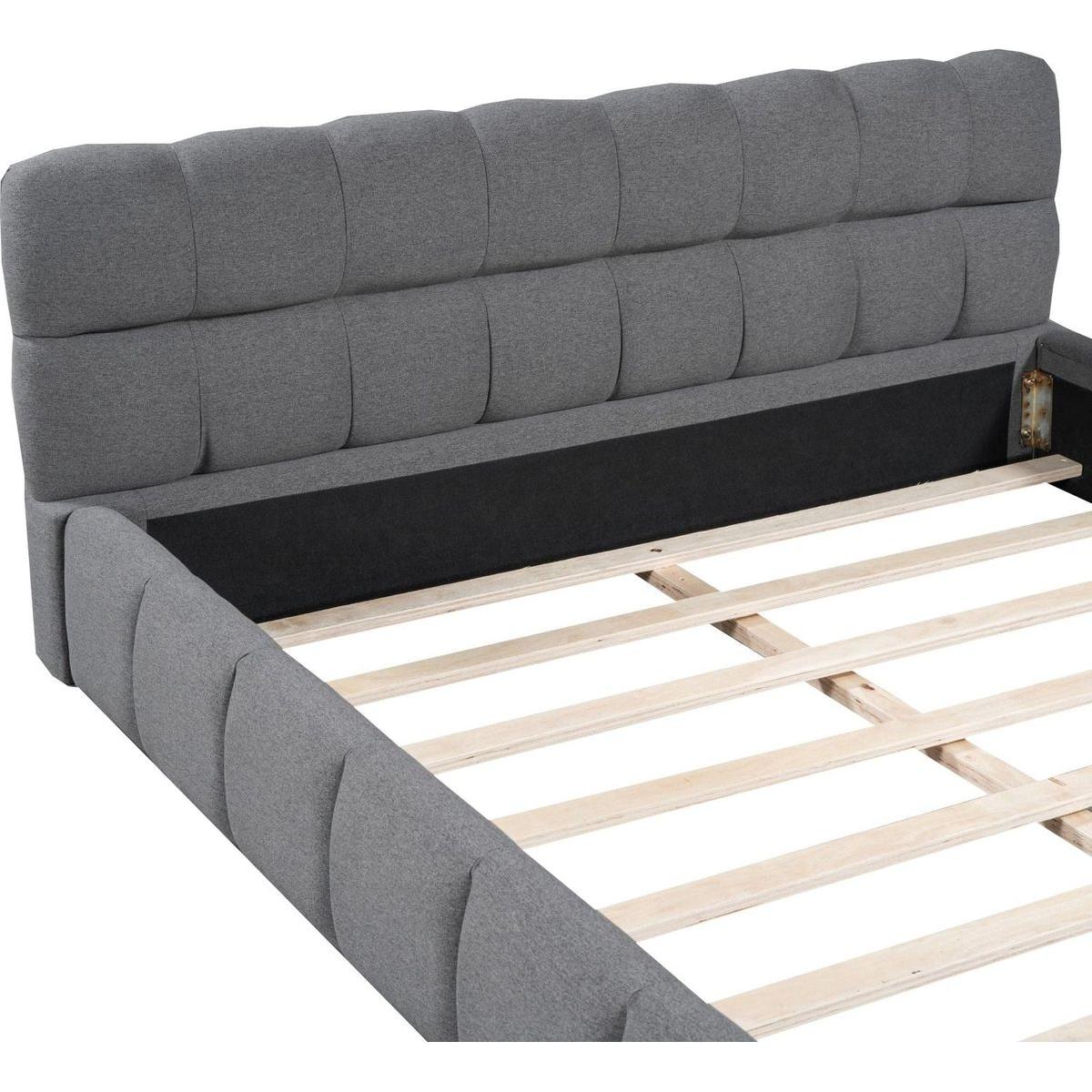 Queen Size Upholstered Platform Bed with Thick Fabric, Grounded Bed with Solid Frame, Gray