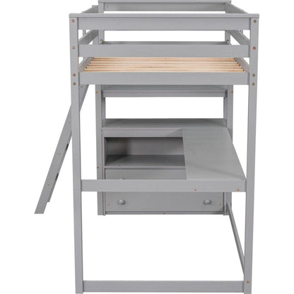 Twin Size Loft Bed with Desk and Shelves, Two Built-in Drawers, Gray