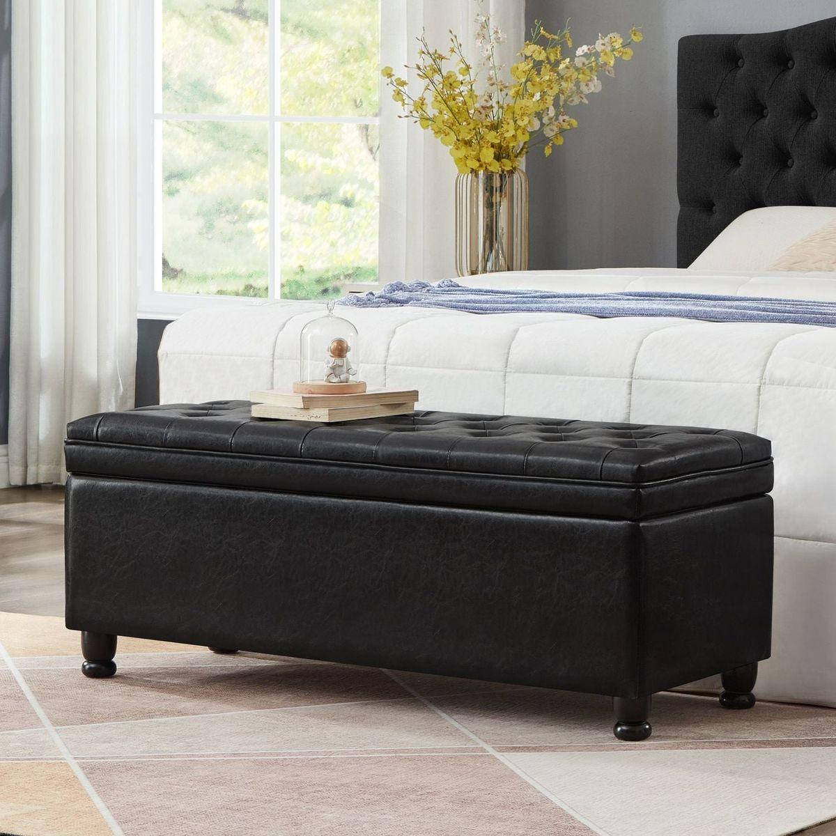 Upholstered tufted button storage bench, Faux leather entry bench with spindle wooden legs, Bed bench- Black