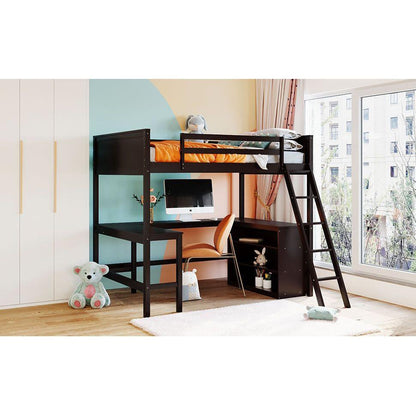 Full size Loft Bed with Shelves and Desk, Wooden Loft Bed with Desk - Espresso