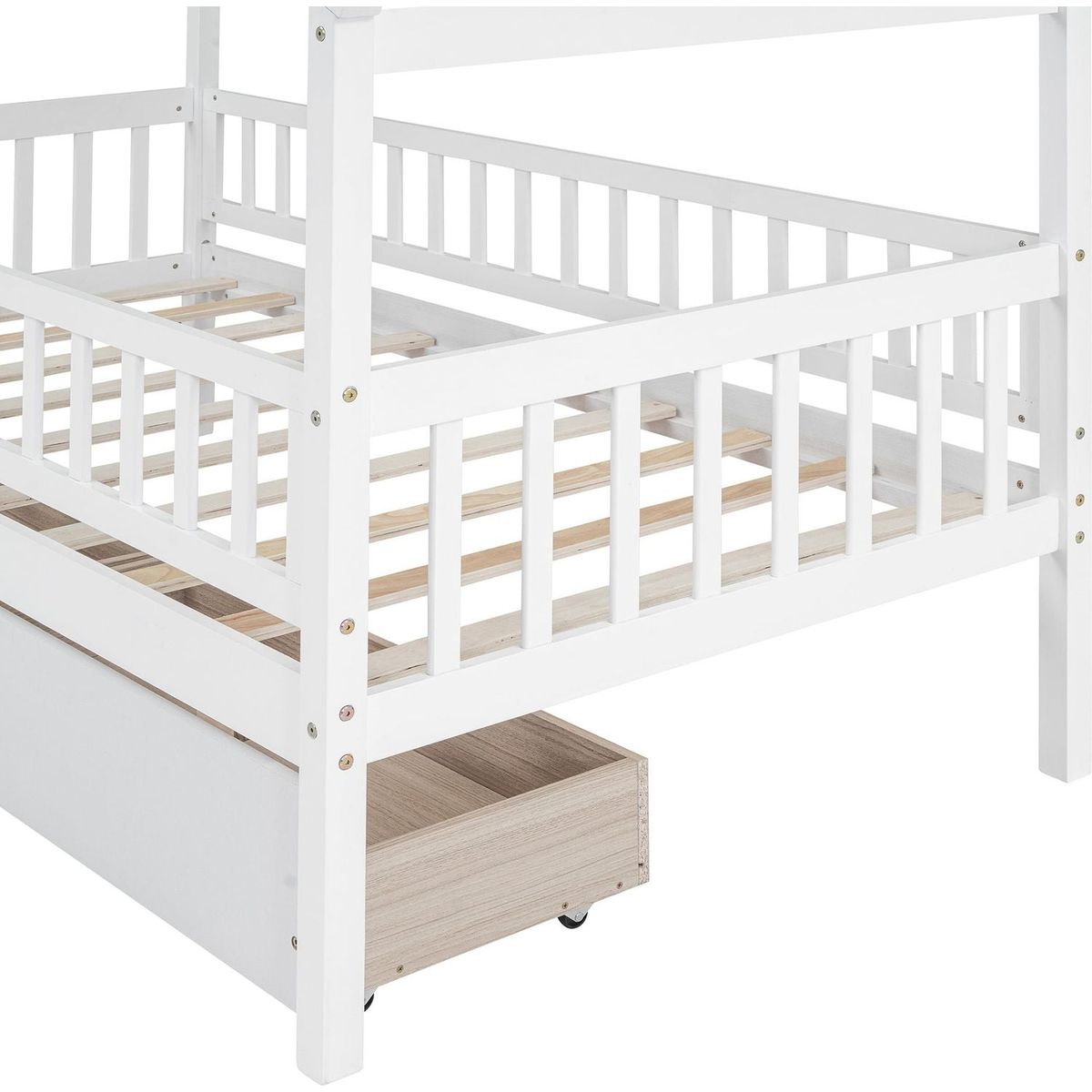 Twin Size Wooden House Bed with Two Drawers, White