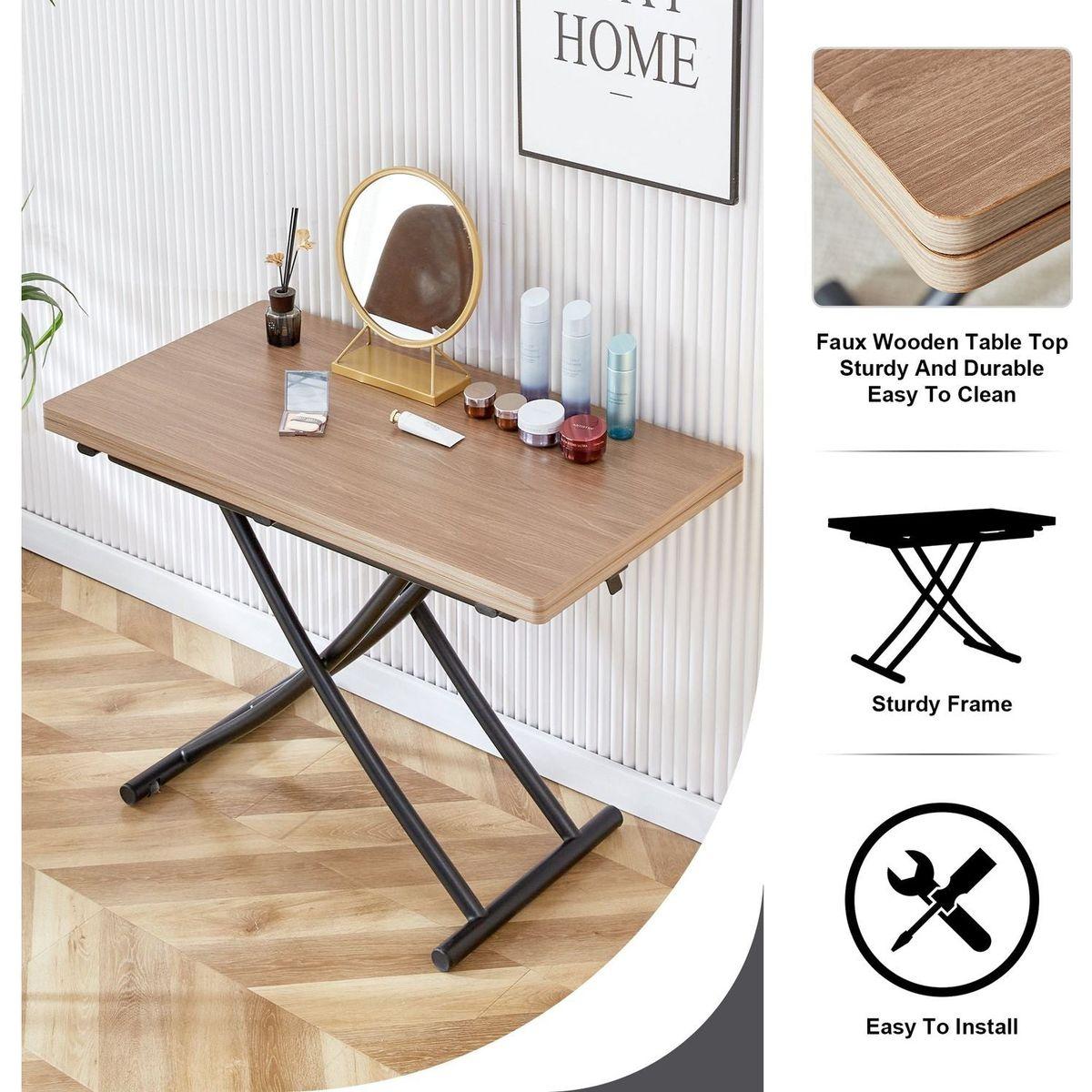 Modern minimalist multifunctional lifting table, with a 0.8-inch wood grain process sticker desktop and black metal legs, can be used as a dressing table, coffee table, dining table, and office table